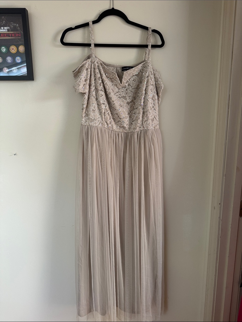 Lace & Tulle Midi Dress in Light Taupe and sparkling embellishment